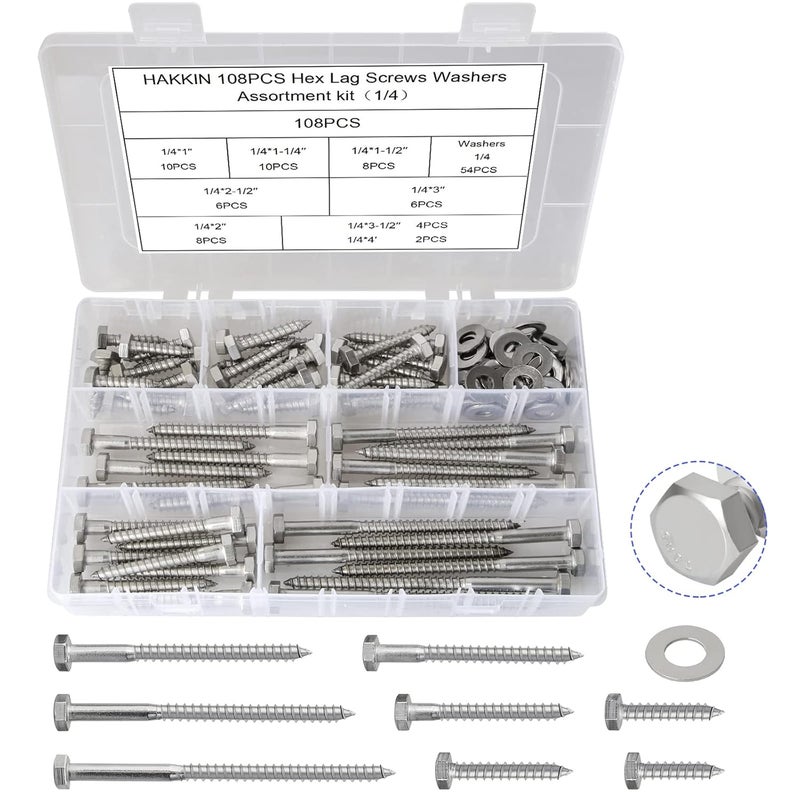 Hakkin 108PCS 1/4" Hexagon Head Lag Screws,304 Stainless Steel Hex Lag Bolts 1" 1-1/4" 1-1/2" 2" 2-1/2" 3" 3-1/2" 4", Wood Screws Washers Assortment Kit with Storage Case - Image 1
